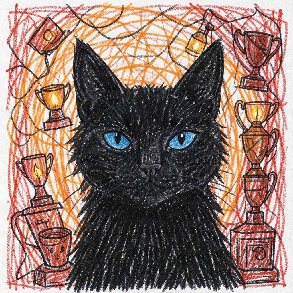 A black cat reclines on a red velvet throne in a candlelit room, with scattered antiquities in the foreground.