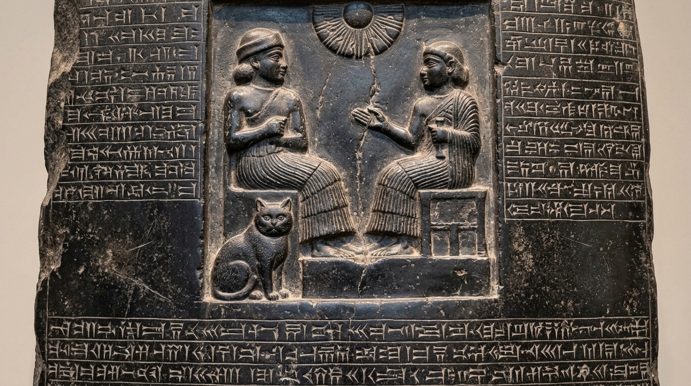 AI-generated historical scene 05: Old Babylonian Empire (c. 1750 BCE) — Diorite Law & Retribution.