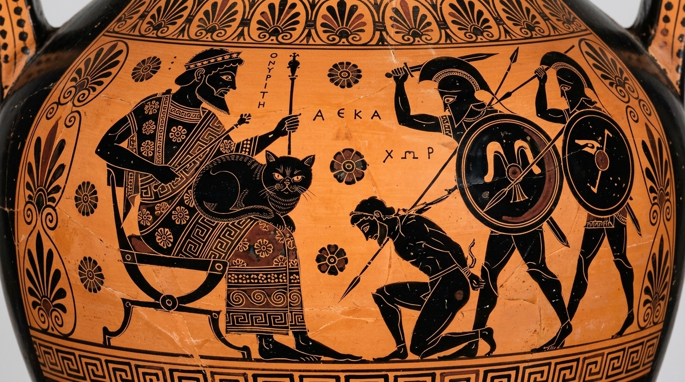 AI-generated historical scene 08: Archaic Greece (c. 530 BCE) — Attic Black-Figure Amphora.
