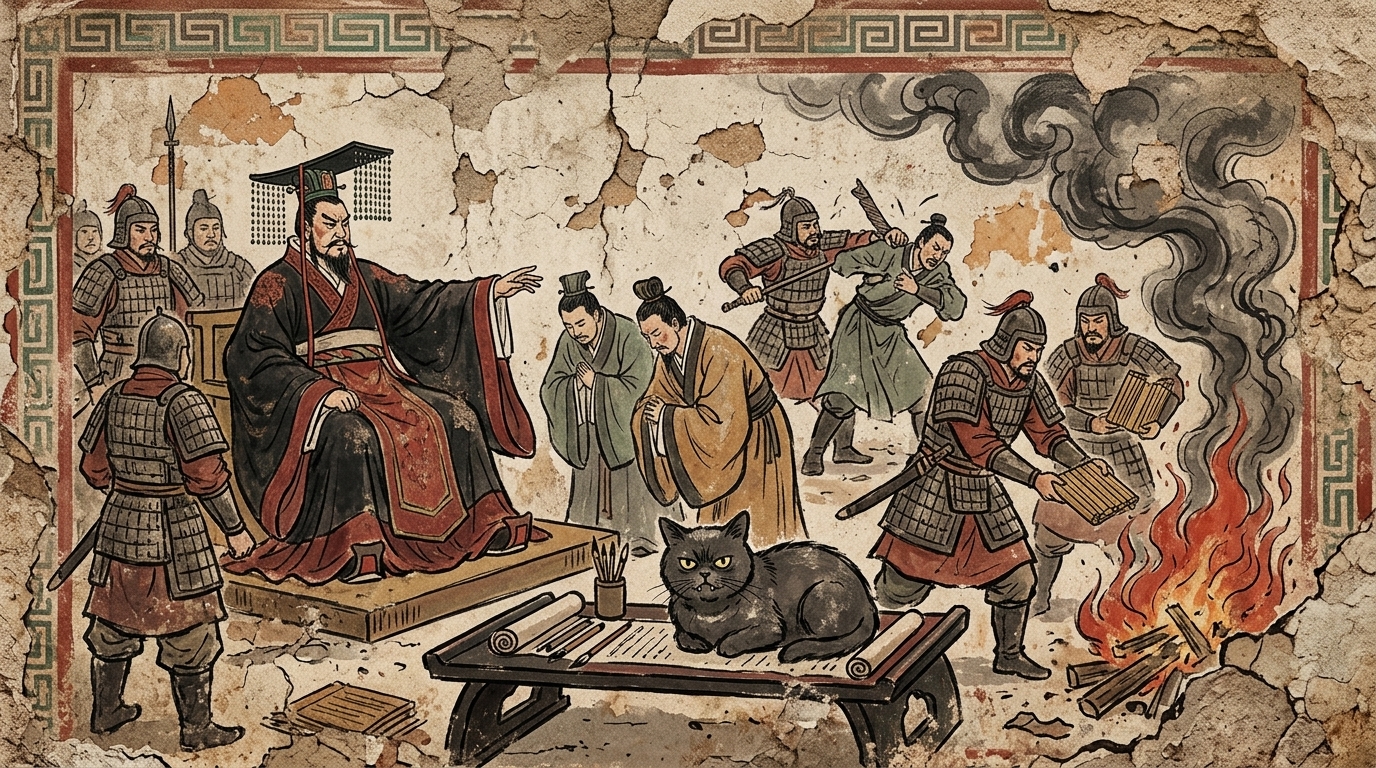 AI-generated historical scene 09: Qin Dynasty China (c. 220 BCE) — Legalist Imperial Fresco.