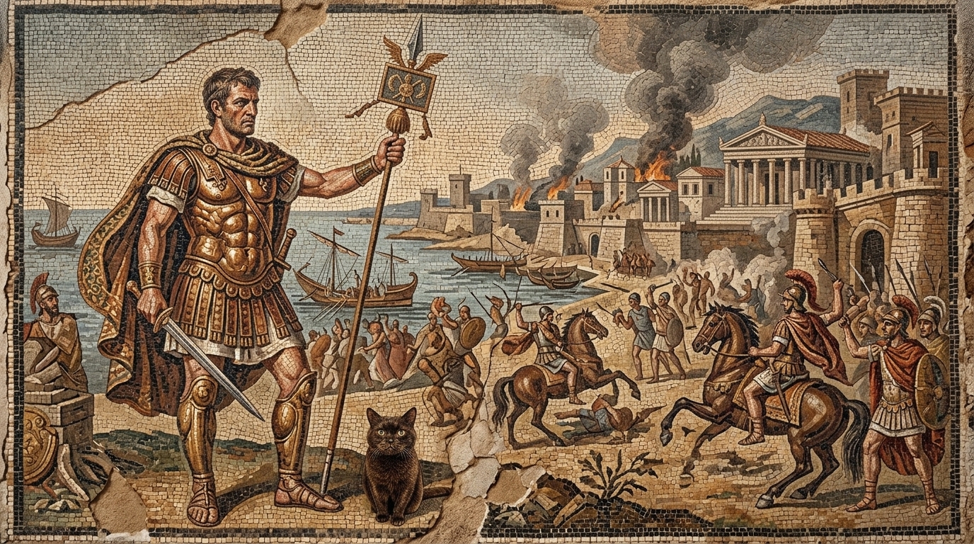 AI-generated historical scene 10: Hellenistic Alexandria (c. 150 BCE) — Mosaic of Conquest.