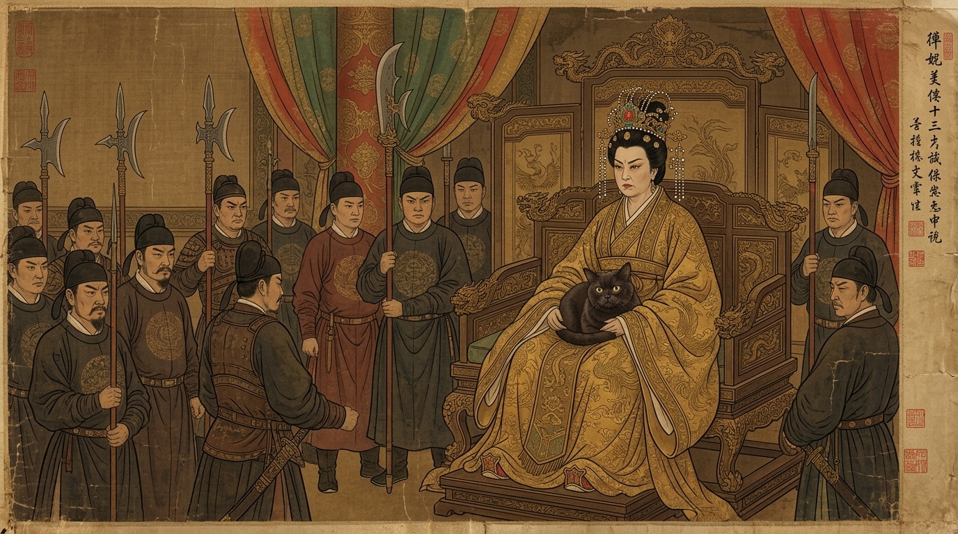 AI-generated historical scene 15: Tang Dynasty (c. 690 CE) — Imperial Silk Hanging Scroll.