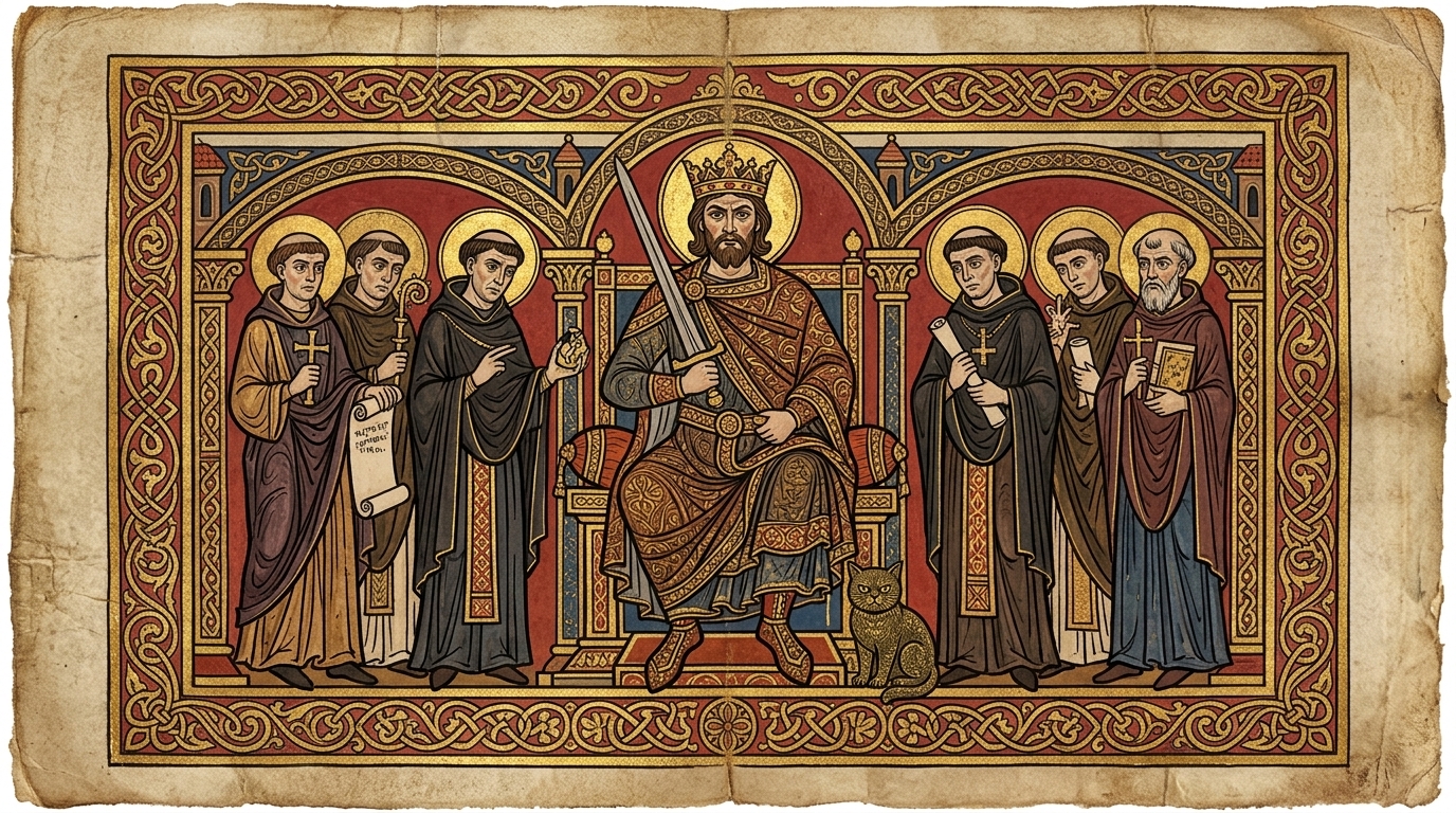 AI-generated historical scene 16: Carolingian Empire (c. 800 CE) — Illuminated Scriptoria Parchment.