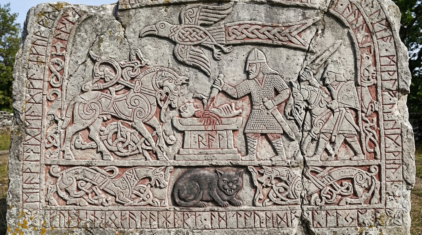 AI-generated historical scene 17: Viking Age (c. 870 CE) — Gotland Picture Stone Carving.