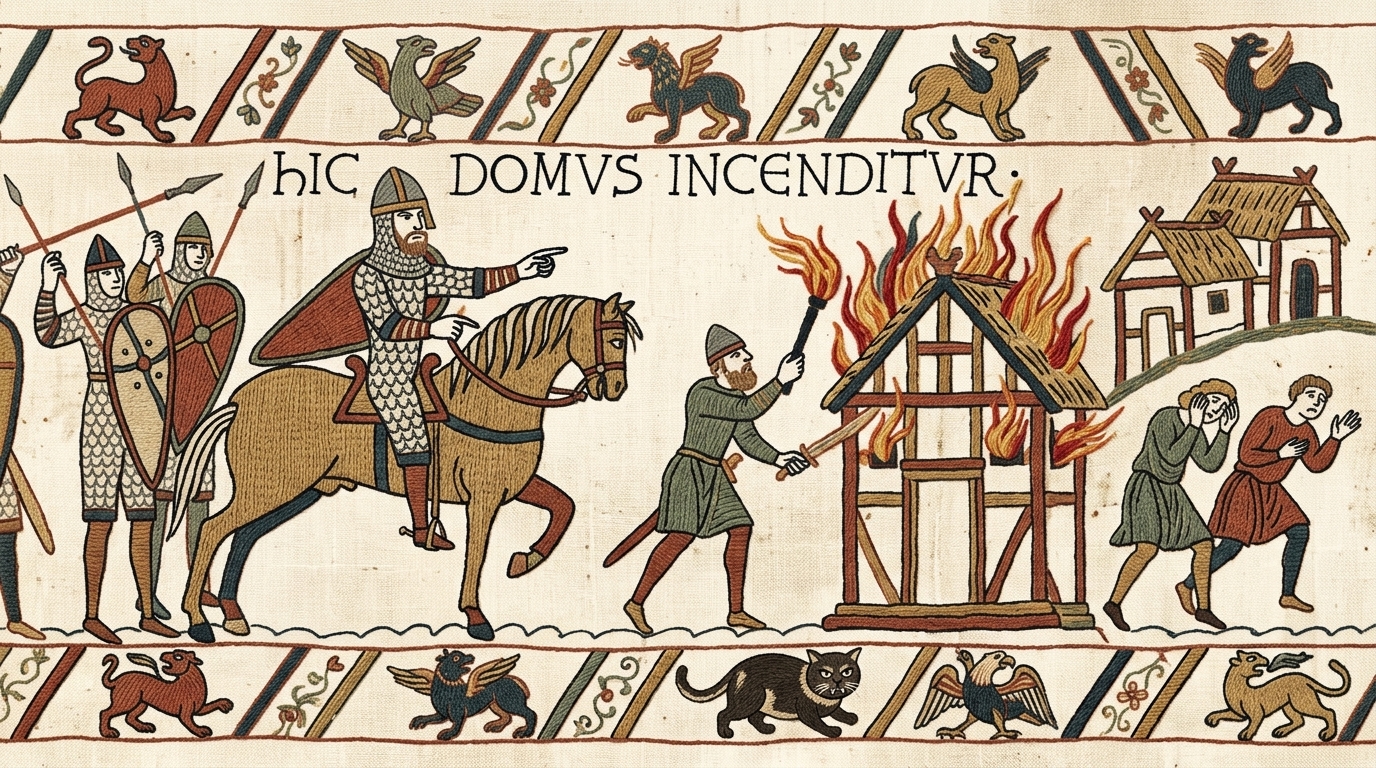 AI-generated historical scene 19: Norman Conquest (c. 1070 CE) — Bayeux Tapestry Embroidery.