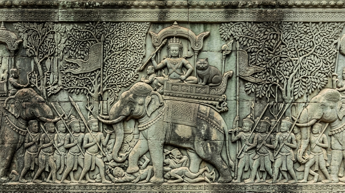 AI-generated historical scene 20: Khmer Empire (c. 1180 CE) — Angkor Wat Bas-Relief.