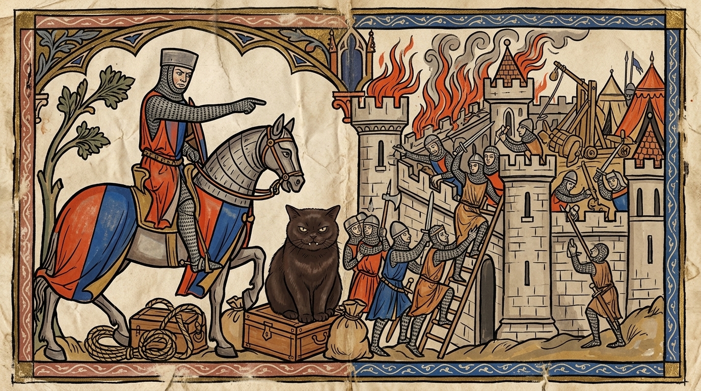 KI-generierte historische Szene 21: Hochmittelalter (ca. 1250 n. Chr.) — Miniatur aus einer Chronik der Kreuzzüge.
