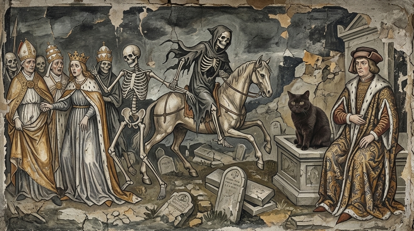 AI-generated historical scene 24: The Black Death (c. 1350 CE) — Danse Macabre Mural.