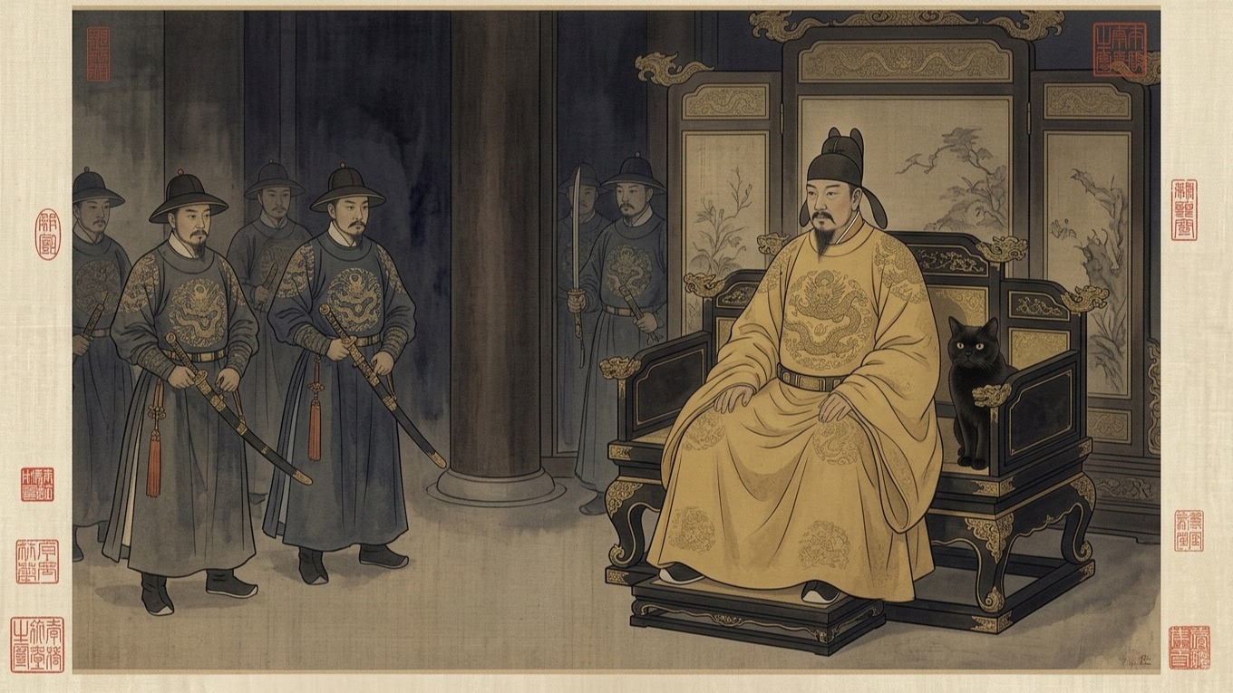 AI-generated historical scene 25: Ming Dynasty (c. 1410 CE) — Court Imperial Silk Scroll.