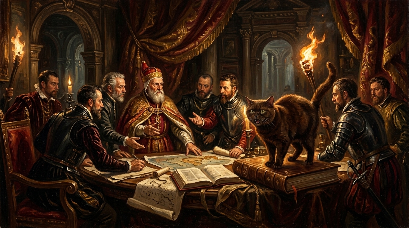 AI-generated historical scene 31: Venetian Renaissance (c. 1575 CE) — Dramatic War Council.