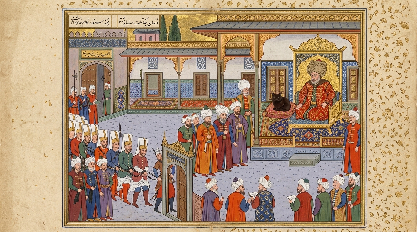 AI-generated historical scene 32: Ottoman Empire (c. 1590 CE) — Imperial Divan Miniature.