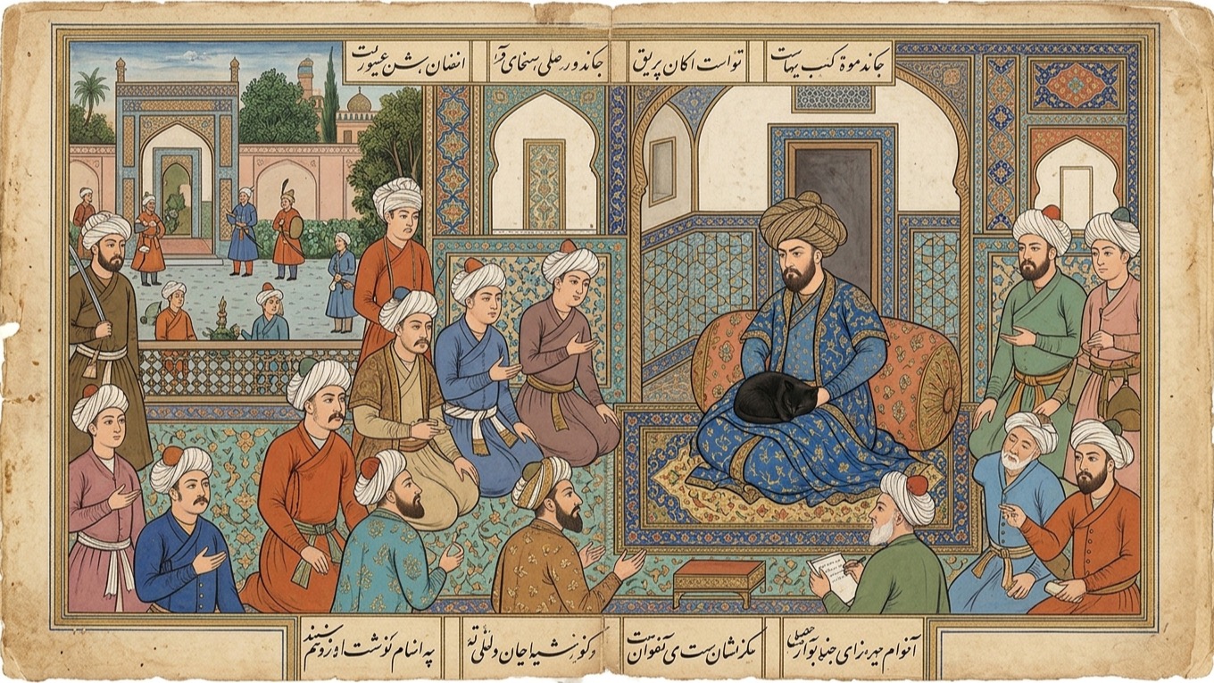 AI-generated historical scene 33: Safavid Isfahan (c. 1610 CE) — Shah's Secret Council.