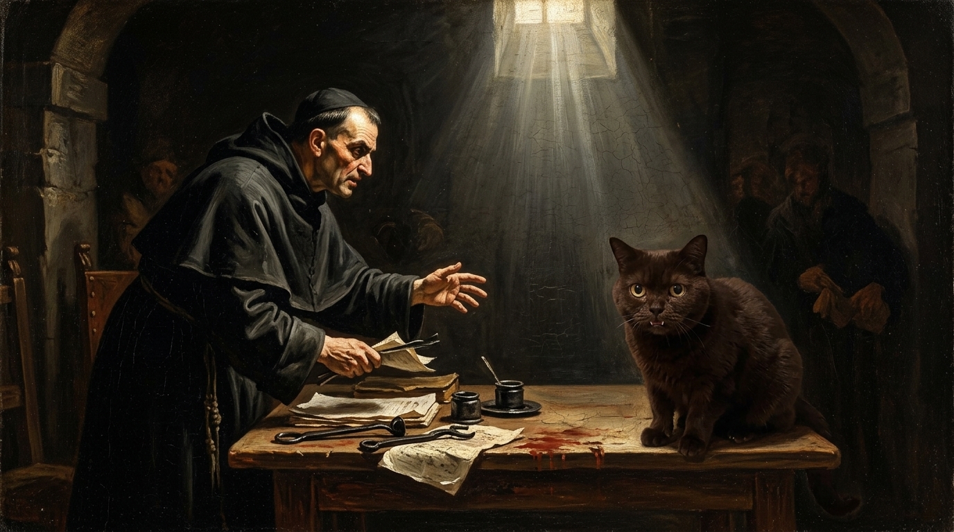 AI-generated historical scene 34: Italian Baroque (c. 1615 CE) — Tenebrist Interrogation.