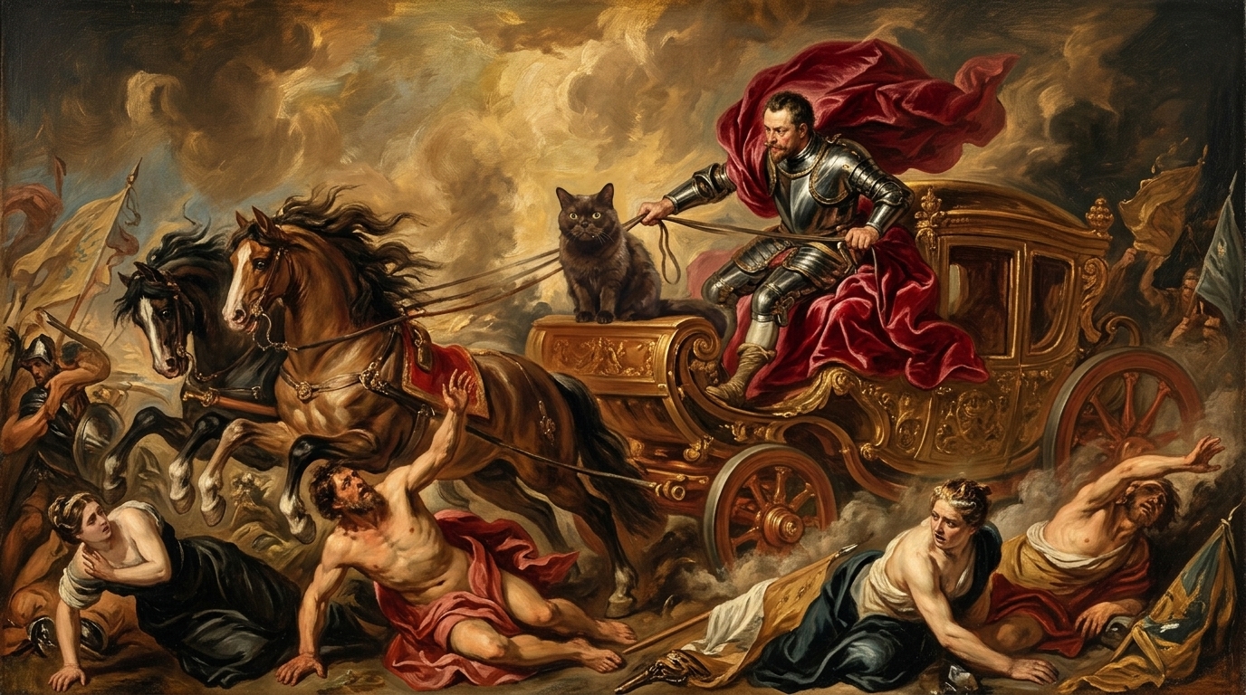 AI-generated historical scene 35: Flemish Baroque (c. 1625 CE) — The Apotheosis of Conquest.