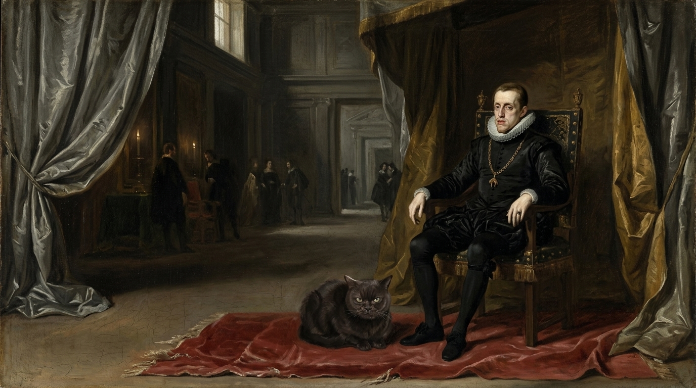 AI-generated historical scene 36: Spanish Golden Age (c. 1645 CE) — Habsburg Inquisition Court.