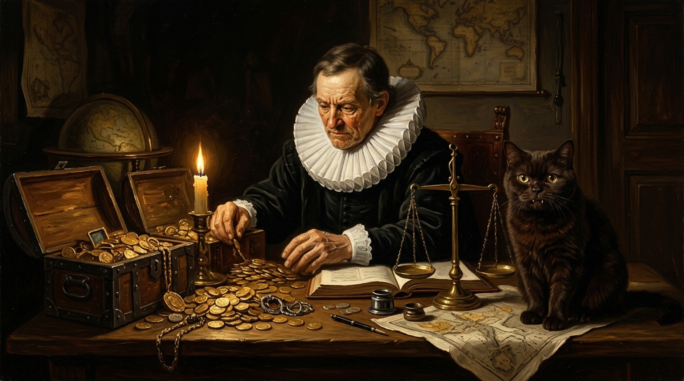 AI-generated historical scene 37: Dutch Golden Age (c. 1665 CE) — Mercantilist Plunder.
