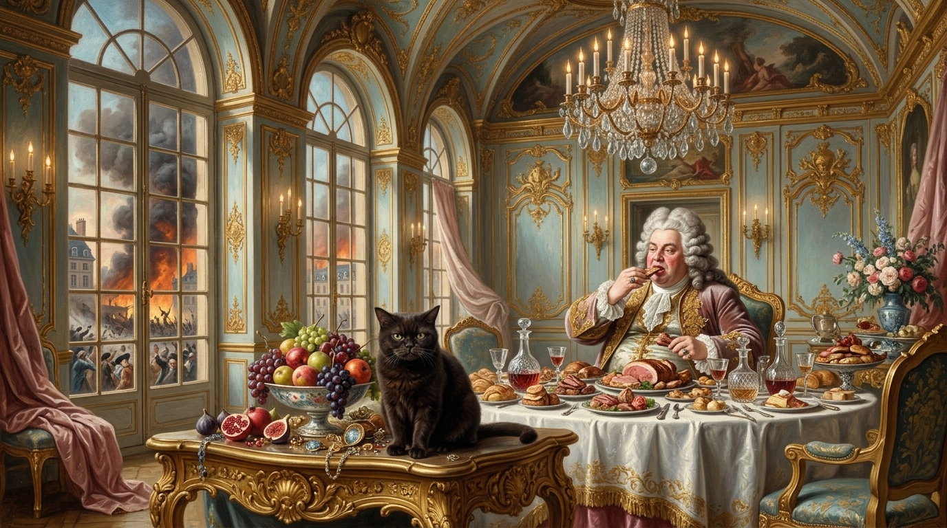 AI-generated historical scene 39: Late Rococo (c. 1775 CE) — The Decadent Despot.