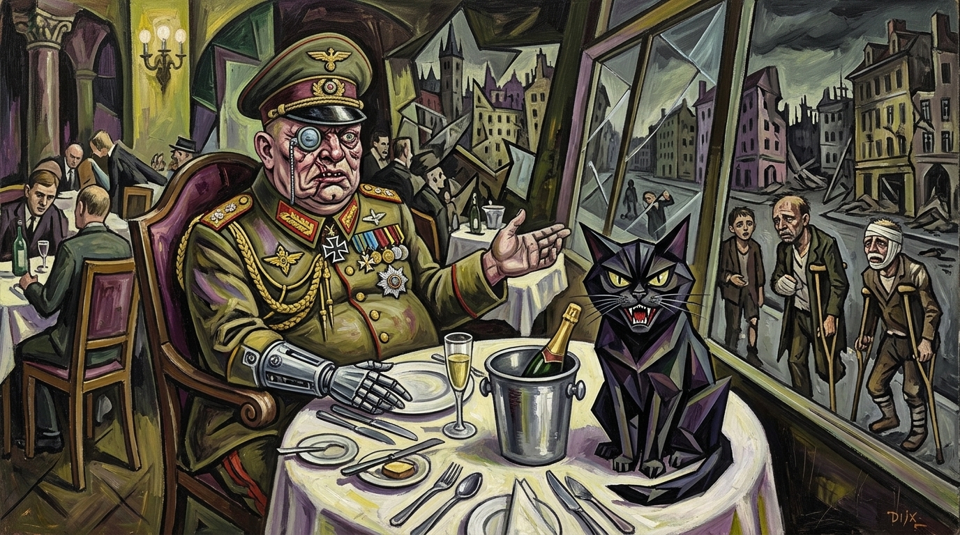AI-generated historical scene 46: Weimar Expressionism (c. 1923 CE) — Post-War Militarism.