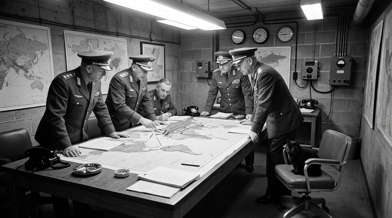 AI-generated historical scene 48: Mid-Century Cold War (c. 1962) — The Subterranean War Room.
