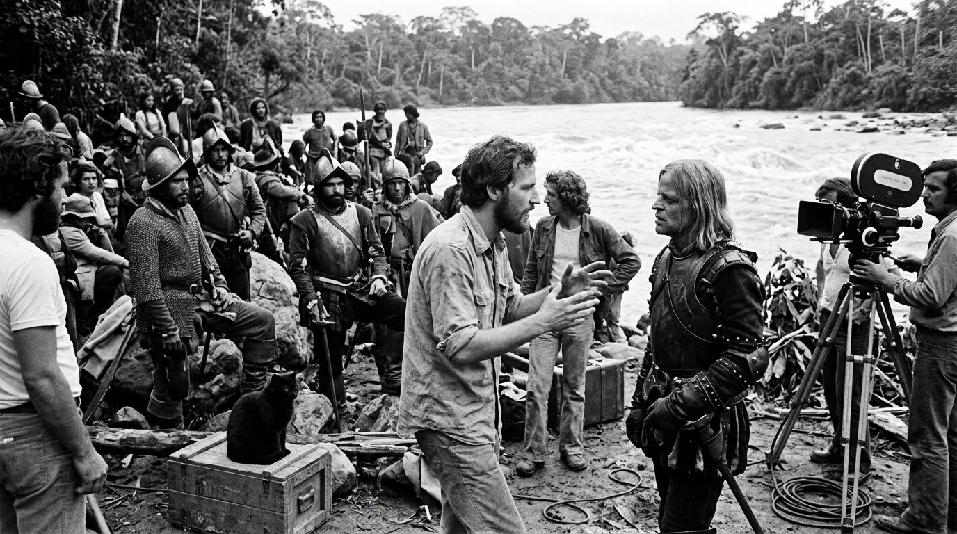AI-generated historical scene 49: Aguirre Production (1972) — The Riverbank Set.