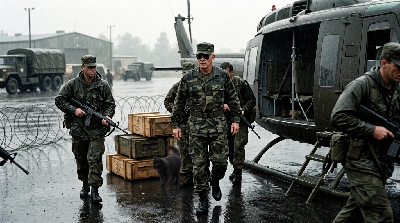 AI-generated historical scene 50: Late 20th-Century Junta (c. 1982) — Photojournalism under Martial Law.