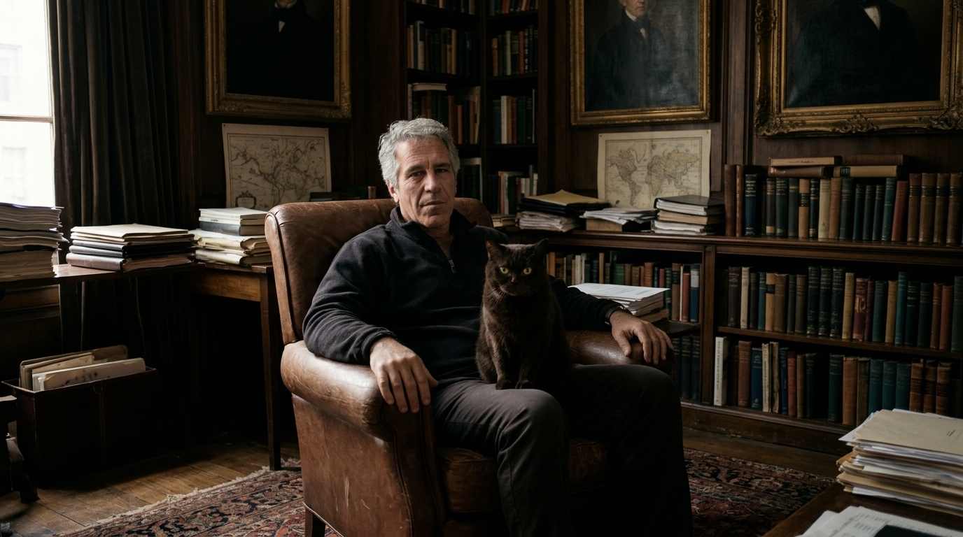 AI-generated historical scene 56: Jeffrey Epstein — The Manhattan Townhouse Study.