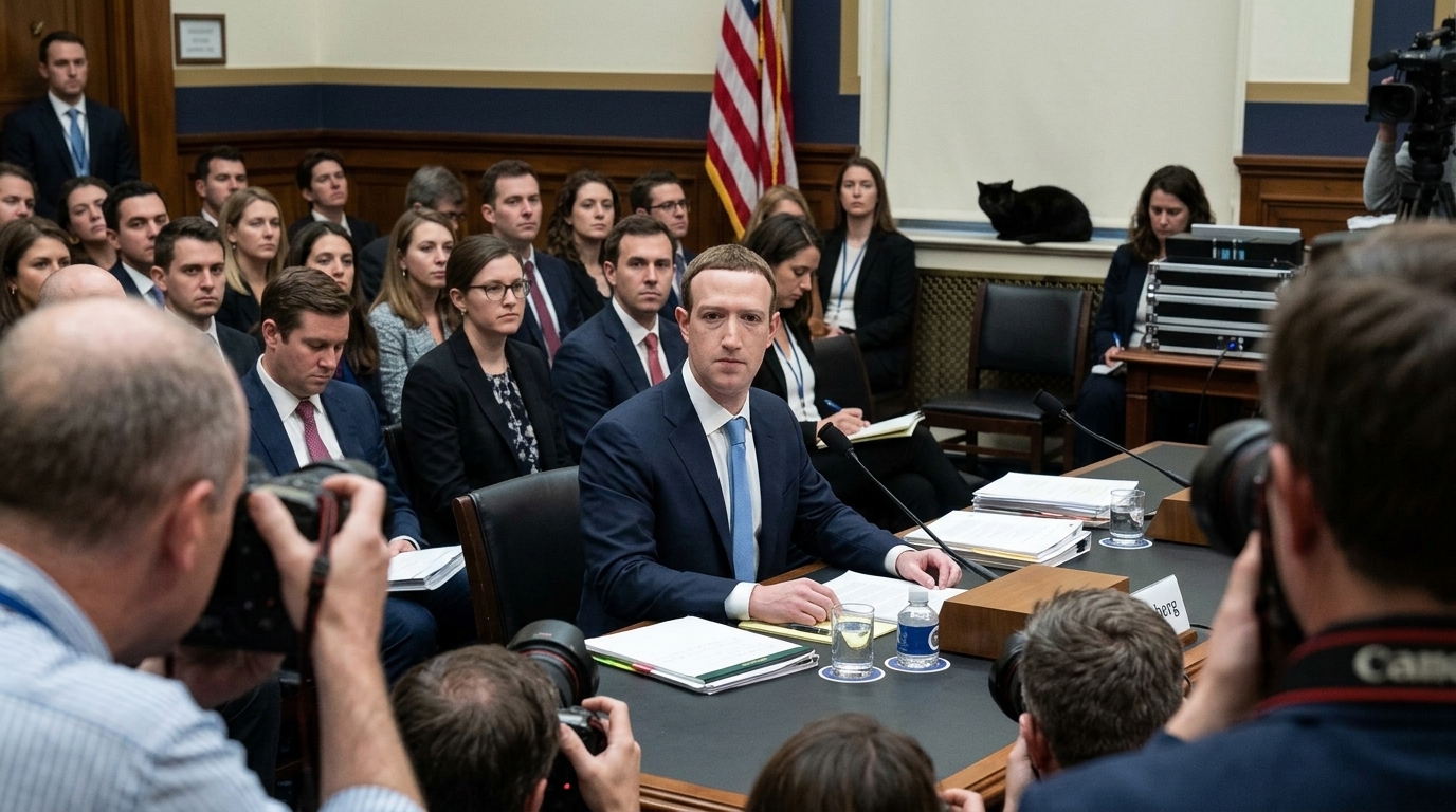 AI-generated historical scene 57: Mark Zuckerberg — The Congressional Hearing.