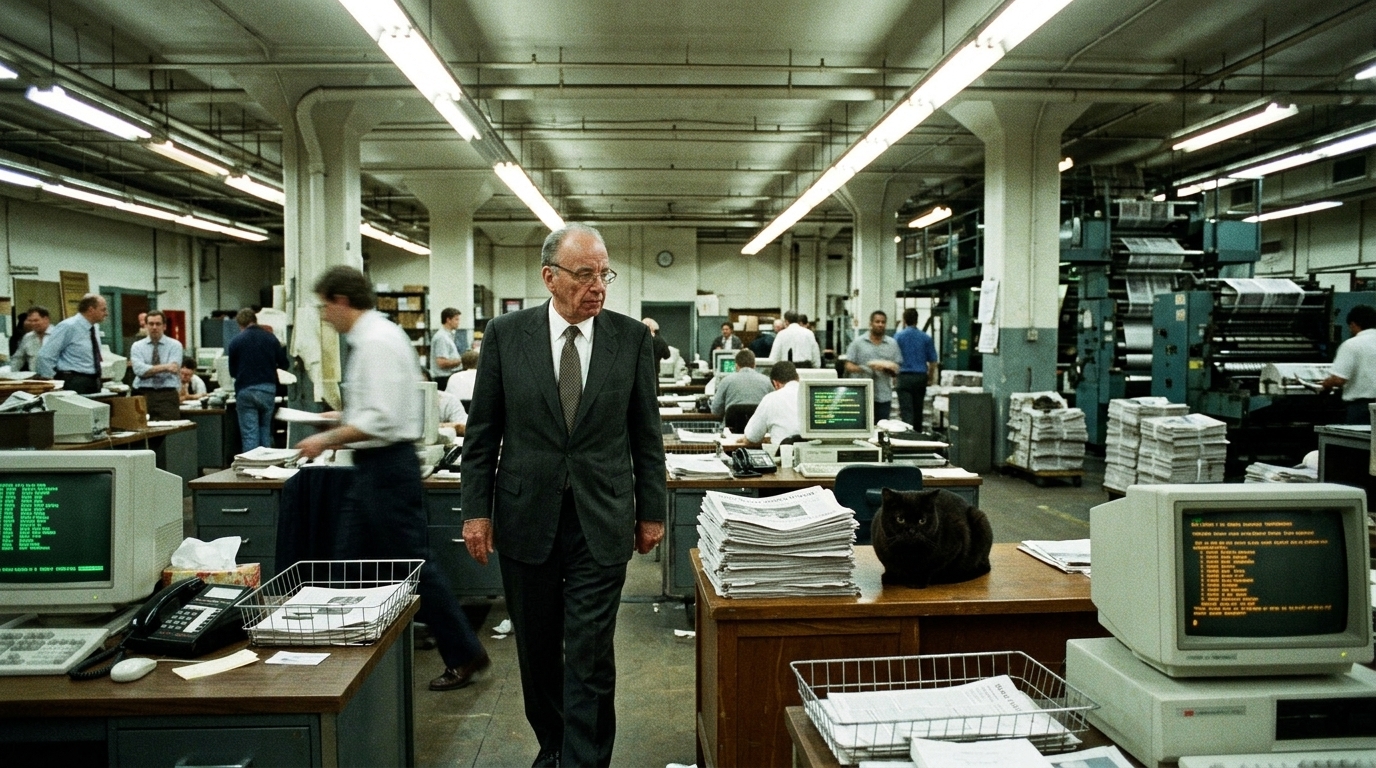 AI-generated historical scene 58: Rupert Murdoch — The Tabloid Newsroom Floor.