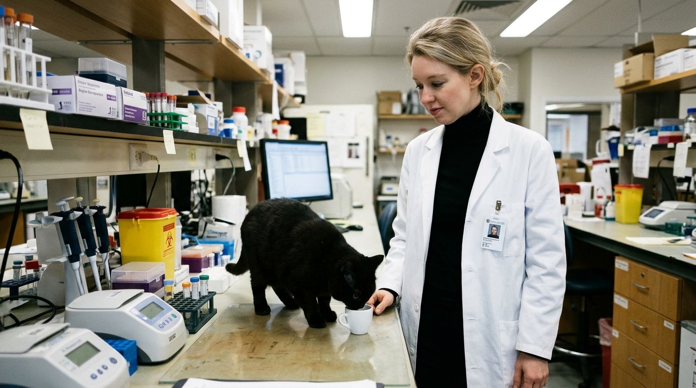 AI-generated historical scene 59: Elizabeth Holmes — The Sterile Laboratory.