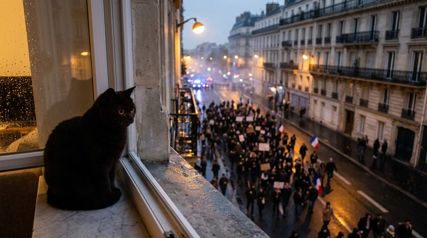 AI-generated historical scene 64: French Protests (24 October 2026) — After the Paris March.