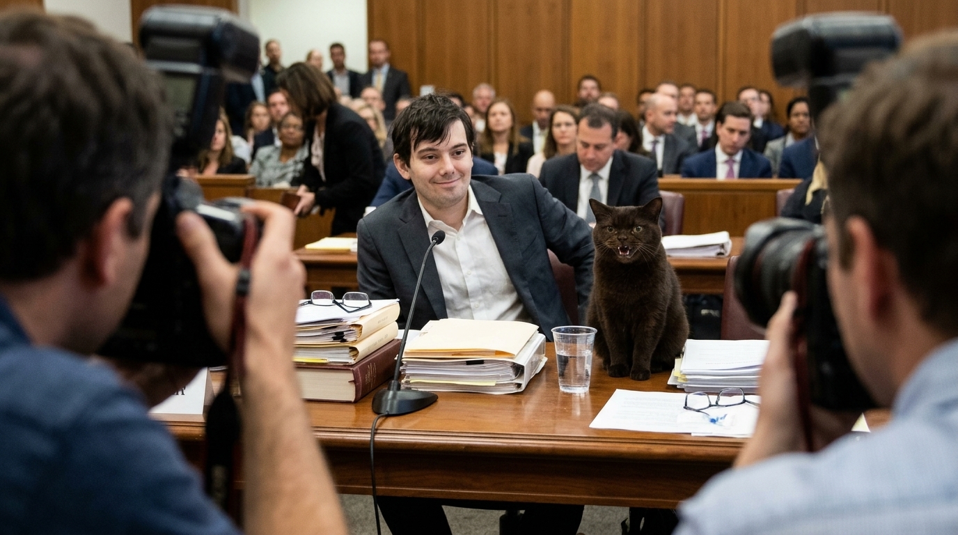 AI-generated historical scene 68: Martin Shkreli — The Deposition Table.