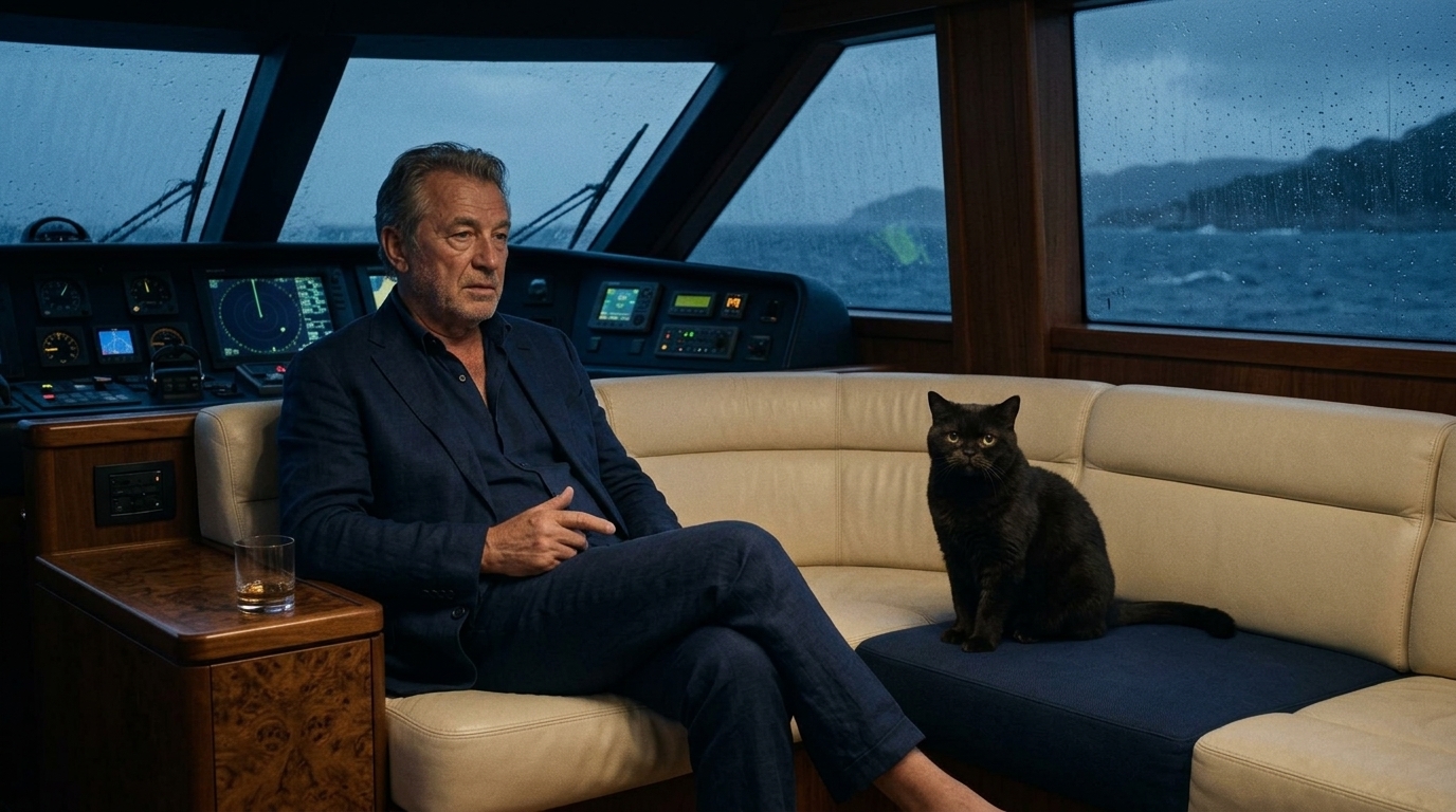 AI-generated historical scene 69: Post-Soviet Energy Oligarch — The Mega-Yacht Stateroom.