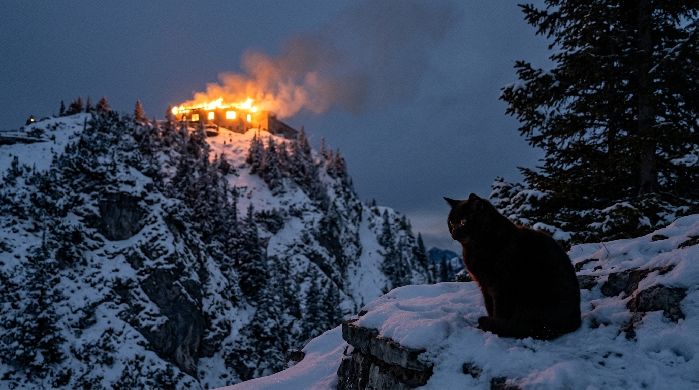 AI-generated historical scene 71: Kehlsteinhaus Fire (24 October 2026) — The Eagle’s Nest in Flames.