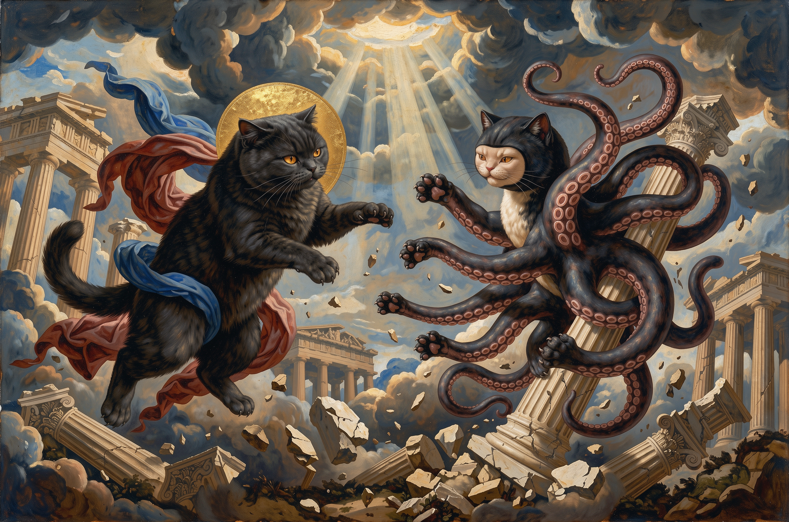 AI-generated historical scene 80: Akina Versus the Octocat — The Titanomachy of Parnassus.